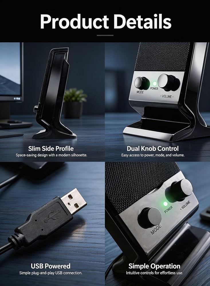 LOOPITYS Computer Speakers, USB Powered Desktop Stereo Speakers with 3.5mm Audio Plug, Volume Control, 6W Surround Sound Compact Laptop Speakers for PC, Monitor, Tablet, Cellphone - Image 2