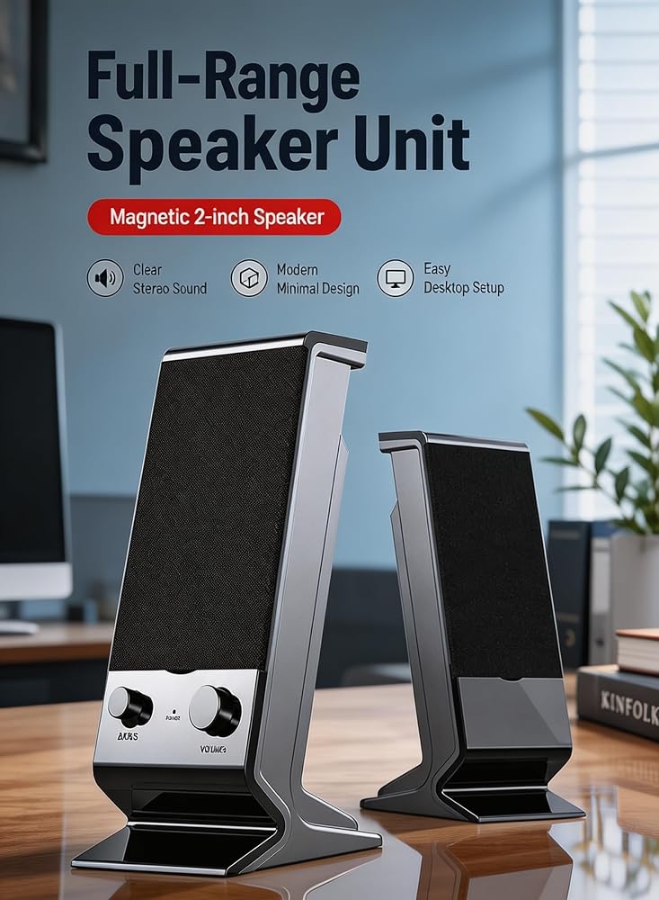 LOOPITYS Computer Speakers, USB Powered Desktop Stereo Speakers with 3.5mm Audio Plug, Volume Control, 6W Surround Sound Compact Laptop Speakers for PC, Monitor, Tablet, Cellphone - Image 5