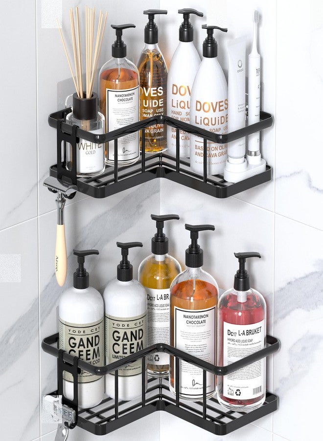 YASONIC Corner Shower Caddy 2 Pack, No Drill Adhesive Shower Storage Shelves, Rustproof Stainless Steel Wall Mounted Bathroom Organizer Shelf with 2 Removable Hooks for Dorm & Renters, Black - Image 1