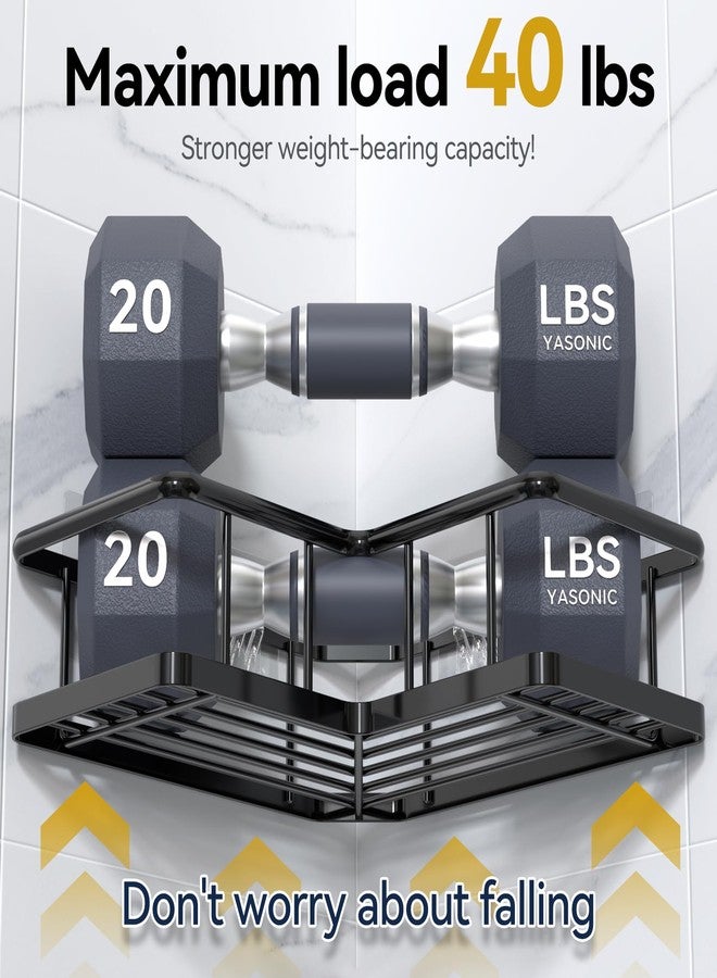 YASONIC Corner Shower Caddy 2 Pack, No Drill Adhesive Shower Storage Shelves, Rustproof Stainless Steel Wall Mounted Bathroom Organizer Shelf with 2 Removable Hooks for Dorm & Renters, Black - Image 5