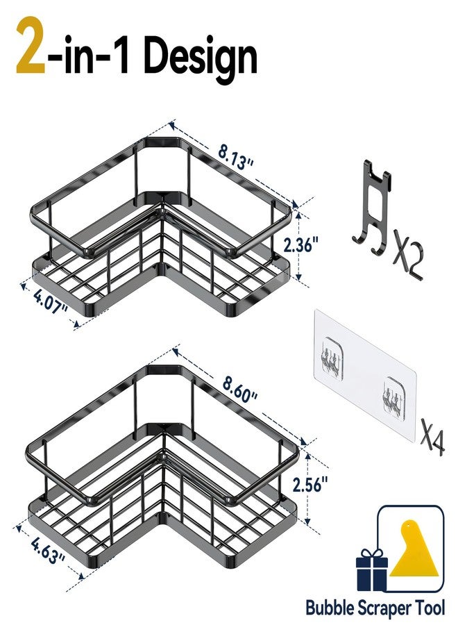 YASONIC Corner Shower Caddy 2 Pack, No Drill Adhesive Shower Storage Shelves, Rustproof Stainless Steel Wall Mounted Bathroom Organizer Shelf with 2 Removable Hooks for Dorm & Renters, Black - Image 2