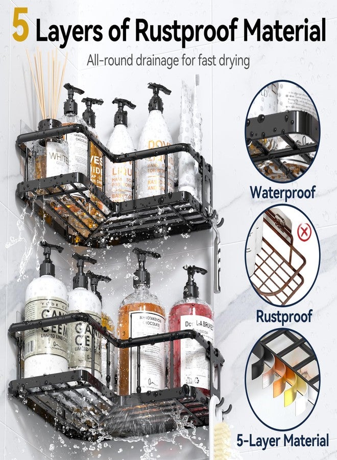 YASONIC Corner Shower Caddy 2 Pack, No Drill Adhesive Shower Storage Shelves, Rustproof Stainless Steel Wall Mounted Bathroom Organizer Shelf with 2 Removable Hooks for Dorm & Renters, Black - Image 4