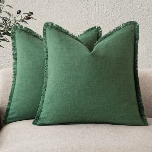 Foindtower Set of 2 Decorative Linen Fringe Throw Pillow Covers Cozy Boho Farmhouse Cushion Cover with Tassels Soft Accent Pillowcase for Couch Sofa Bed Living Room Home Decor 2020 Inch Pine Green - Image 1