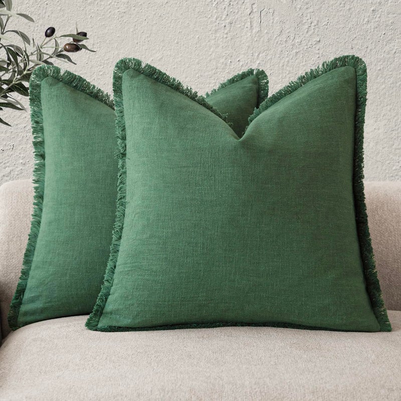 Foindtower Set of 2 Decorative Linen Fringe Throw Pillow Covers Cozy Boho Farmhouse Cushion Cover with Tassels Soft Accent Pillowcase for Couch Sofa Bed Living Room Home Decor 2020 Inch Pine Green - Image 2