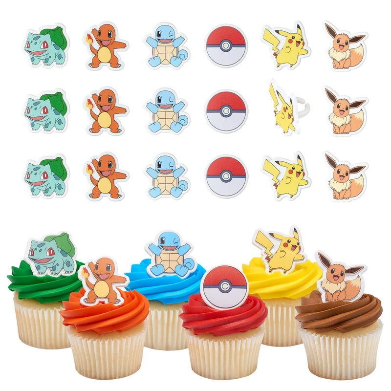 DecoPac PokÃ©mon Rings, Cupcake Decorations With Pikachu, Bulbasaur, Eevee, Charmander, Squirtle, and PokÃ© Ball, Multicolored Food Safe Cake Toppers â€“ 24 Pack - Image 1