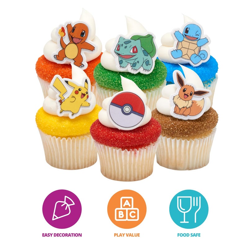 DecoPac PokÃ©mon Rings, Cupcake Decorations With Pikachu, Bulbasaur, Eevee, Charmander, Squirtle, and PokÃ© Ball, Multicolored Food Safe Cake Toppers â€“ 24 Pack - Image 2