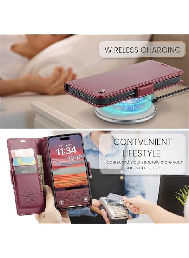 iPhone 16 Wallet Case, PU Leather RFID Blocking Folio Flip Kickstand Magnetic Clasp Cover for 6.1 Phone, Women Men Card Holder, Wine Red - Image 2