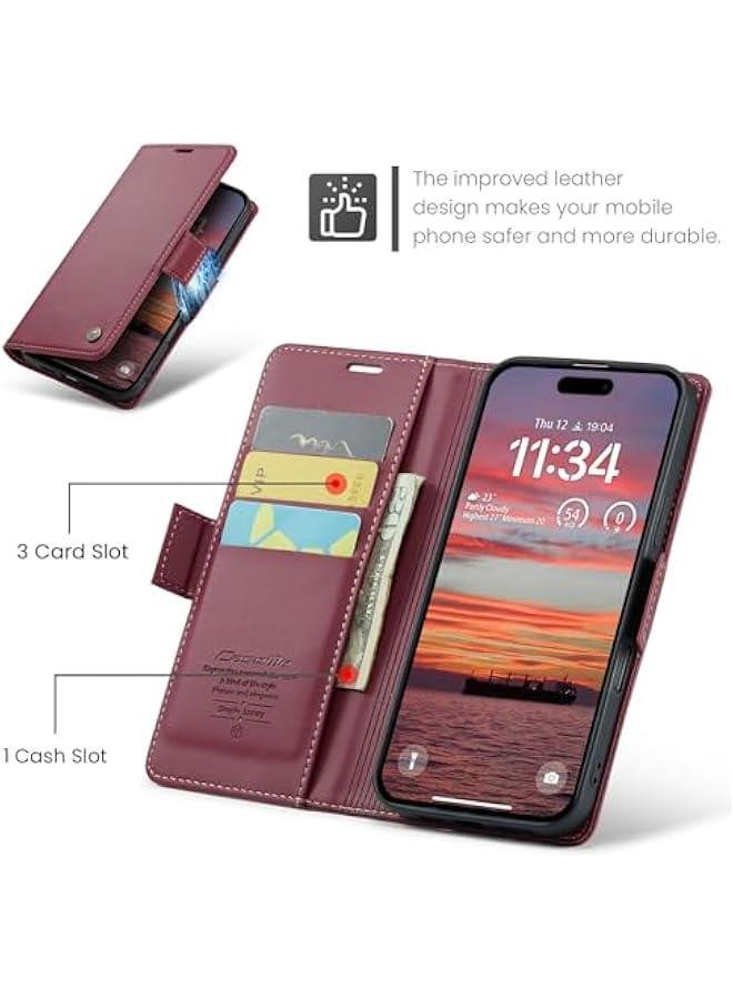 iPhone 16 Wallet Case, PU Leather RFID Blocking Folio Flip Kickstand Magnetic Clasp Cover for 6.1 Phone, Women Men Card Holder, Wine Red - Image 3