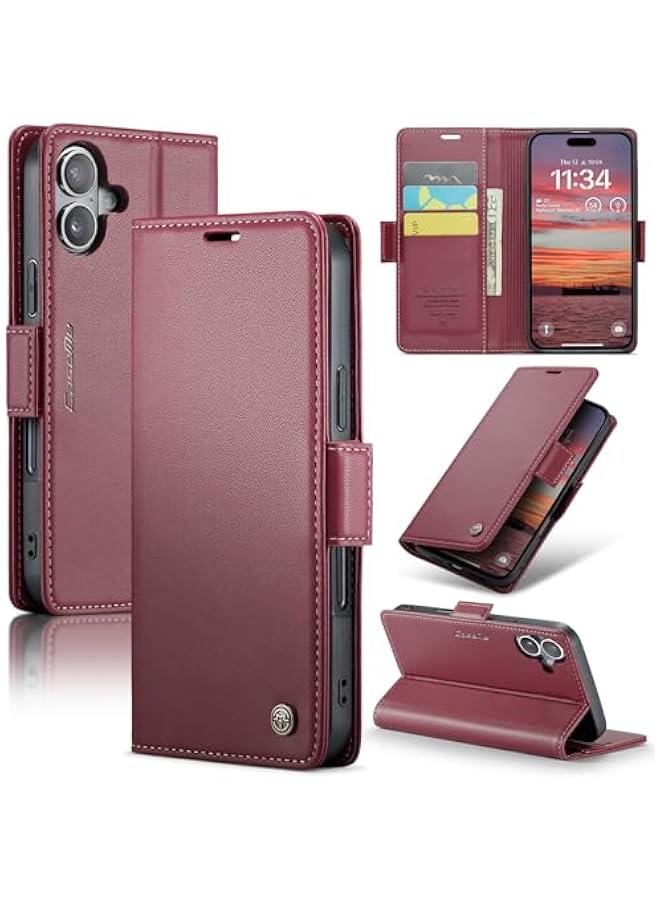 iPhone 16 Wallet Case, PU Leather RFID Blocking Folio Flip Kickstand Magnetic Clasp Cover for 6.1 Phone, Women Men Card Holder, Wine Red - Image 1