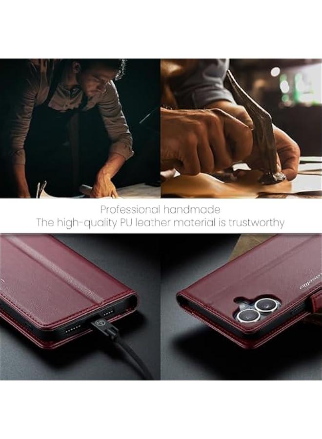 iPhone 16 Wallet Case, PU Leather RFID Blocking Folio Flip Kickstand Magnetic Clasp Cover for 6.1 Phone, Women Men Card Holder, Wine Red - Image 5