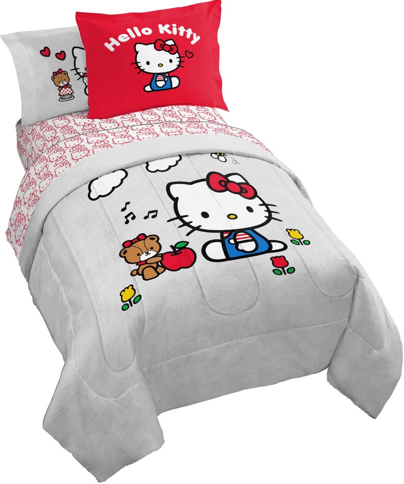 Jay Franco Sanrio Hello Kitty Twin Size Comforter Set - 5 Piece Red & Grey Bedding Includes Sheet Set & Pillow Covers - Super Soft Cozy Kawaii Bedding - Image 1
