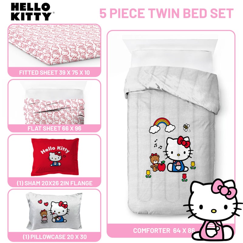 Jay Franco Sanrio Hello Kitty Twin Size Comforter Set - 5 Piece Red & Grey Bedding Includes Sheet Set & Pillow Covers - Super Soft Cozy Kawaii Bedding - Image 3