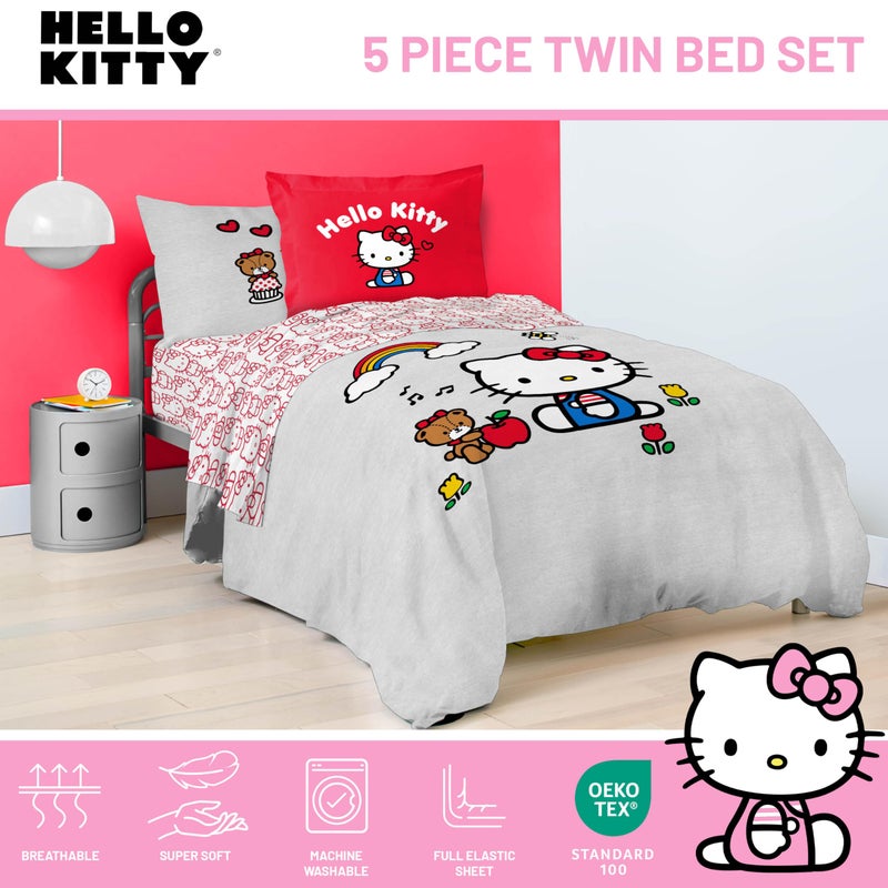 Jay Franco Sanrio Hello Kitty Twin Size Comforter Set - 5 Piece Red & Grey Bedding Includes Sheet Set & Pillow Covers - Super Soft Cozy Kawaii Bedding - Image 4