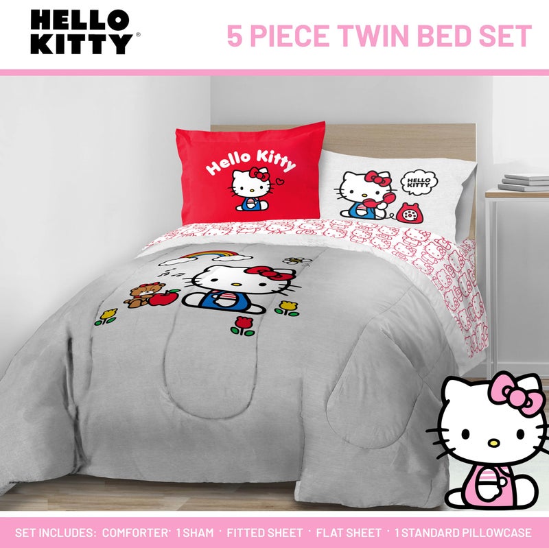 Jay Franco Sanrio Hello Kitty Twin Size Comforter Set - 5 Piece Red & Grey Bedding Includes Sheet Set & Pillow Covers - Super Soft Cozy Kawaii Bedding - Image 2