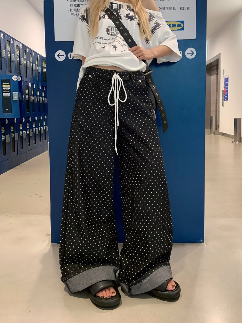 Fashion American Retro Casual Pants 2025 Autumn New Polka Dot Wide-Leg Pants High-Waisted Slimming Long Pants Trendy - Image 3