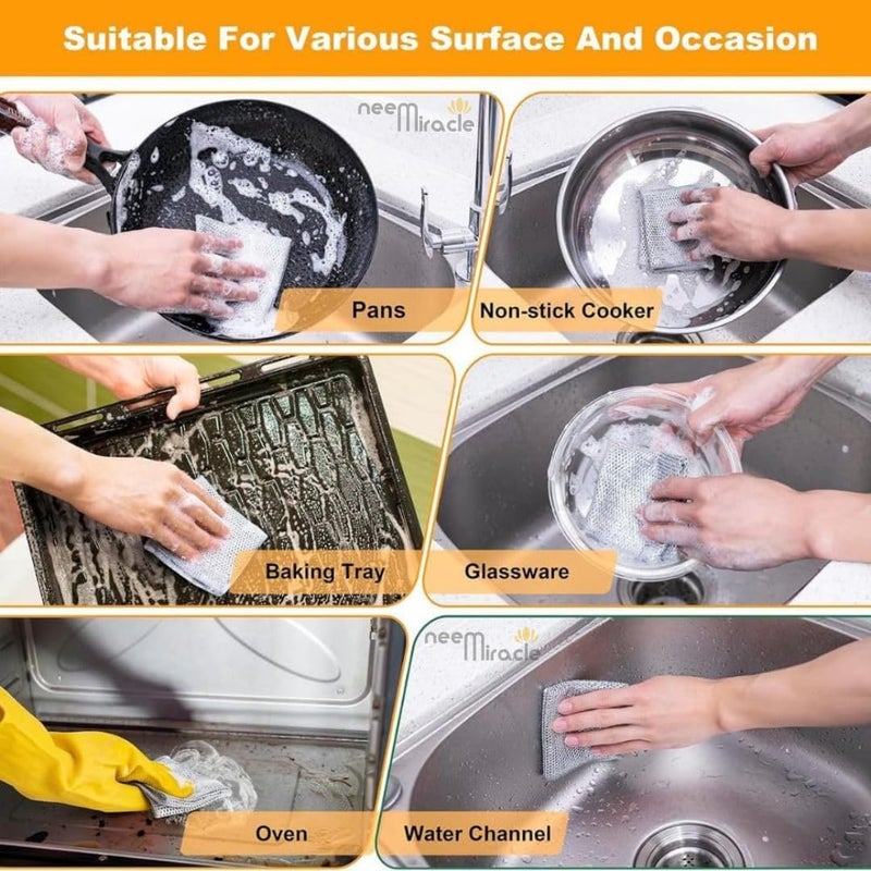 NEEMIRACLE Pack 6 Multipurpose Wire Dishwashing Rags for Wet and Dry Stainless Steel Scrubber NonScratch Wire Dishcloth for Washing Dishes Sinks Counters Easy Rinsing Machine Washable - Image 2