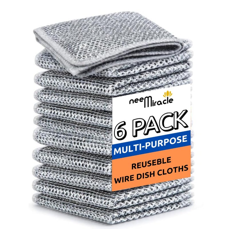 NEEMIRACLE Pack 6 Multipurpose Wire Dishwashing Rags for Wet and Dry Stainless Steel Scrubber NonScratch Wire Dishcloth for Washing Dishes Sinks Counters Easy Rinsing Machine Washable - Image 1
