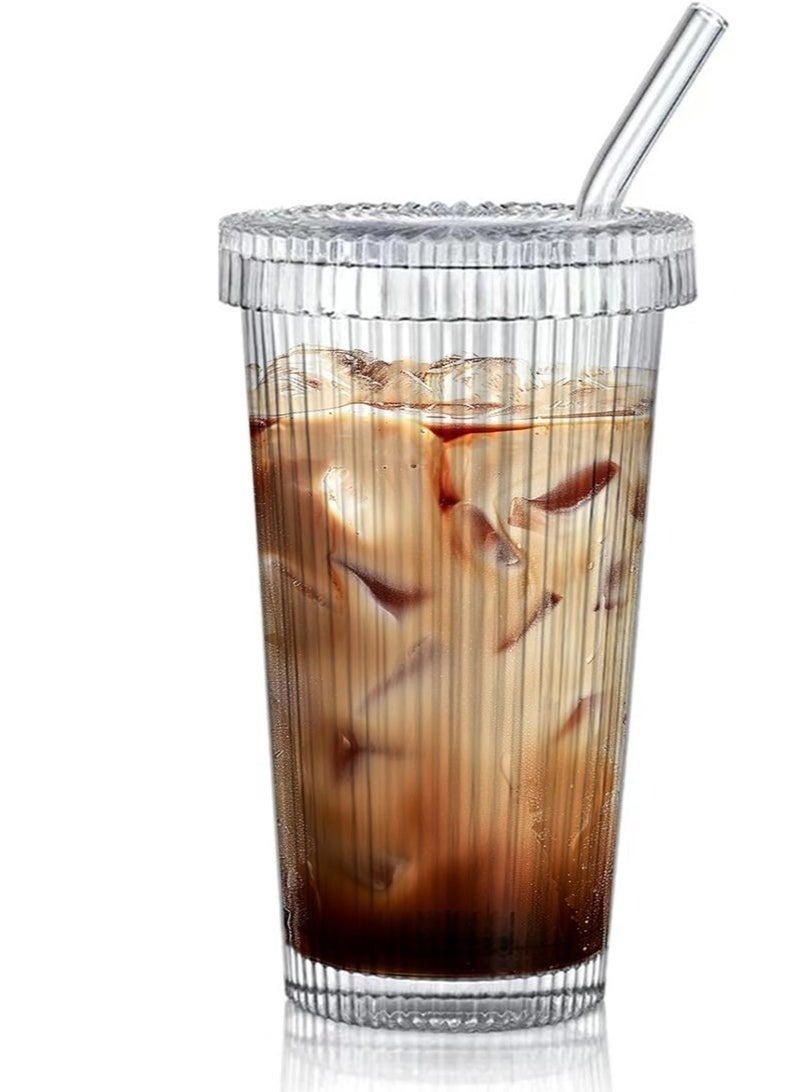 Happy Home Glass cup with lid, 420ml capacity – Versatile clear glass drinking cup for water, juice, iced coffee, and smoothies – Reusable glass coffee cups for travel – Heat-resistant and easy-to-clean glass, perfect for the office, home, and cafe. - Image 1