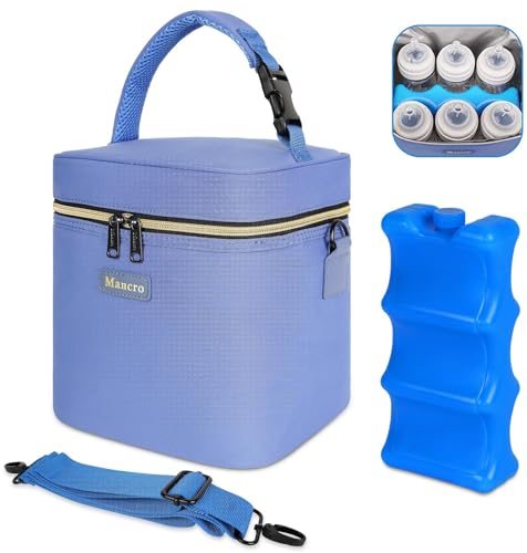 Mancro Breastmilk Cooler Bag with Ice Pack Fits 6 Baby Bottles Up to 9 Ounce, Insulated Baby Bottle Bag with Strap for Nursing Mom Daycare, Blue - Image 1