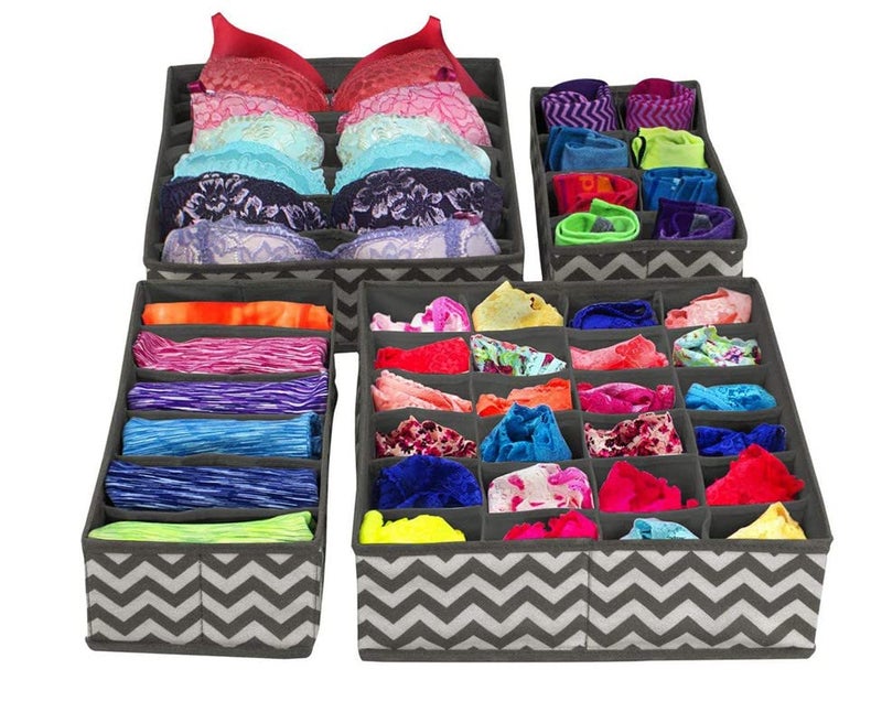 AB SALES Drawer Organisers Dividers 4 Packs Wardrobe Organiser Collapsible Closet Cabinet Organizer Underwear Storage Boxes for Storing Socks Bra Handkerchiefs Grey cotton - Image 3