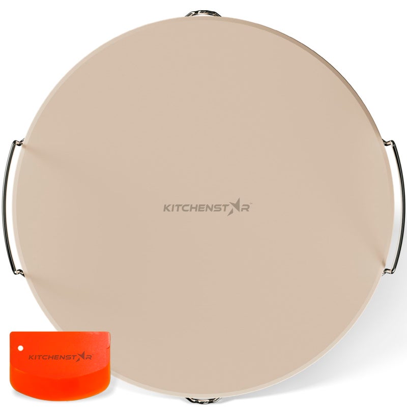 KitchenStar 16inch Pizza Stone for Oven and BBQ Grill with Handles Round 58 Thick  Natural Cordierite 1800 F Resistant Baking Stone Set with Stainless Steel Rack  Plastic Scraper Tool