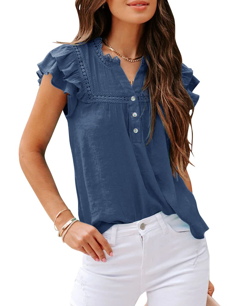 PRETTODAY بلوزة كاجوال قصيرة الأكمام من دانتيل V Neck من PRETTODAY للنساء بأزرار - أزرق داكن - Image 2
