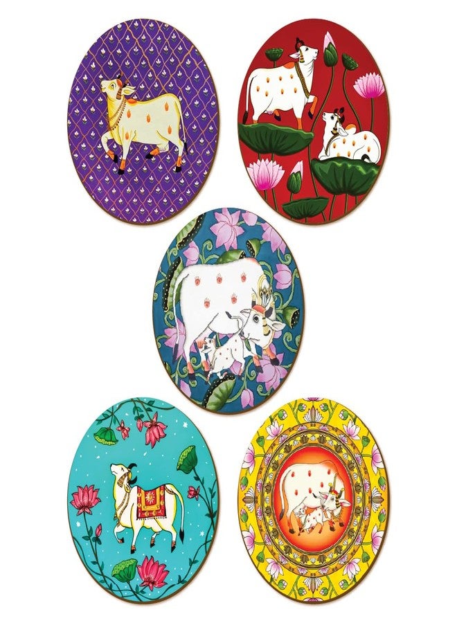 The Crafthives Wooden Tea Coaster Set of 5, Pichwai Art Dining Table Accessories, Vivid Print IUV Direct Print Coaster Set, Indian Art Round Shape Tea Coasters Set of 5 for Festive Gifting - Image 1