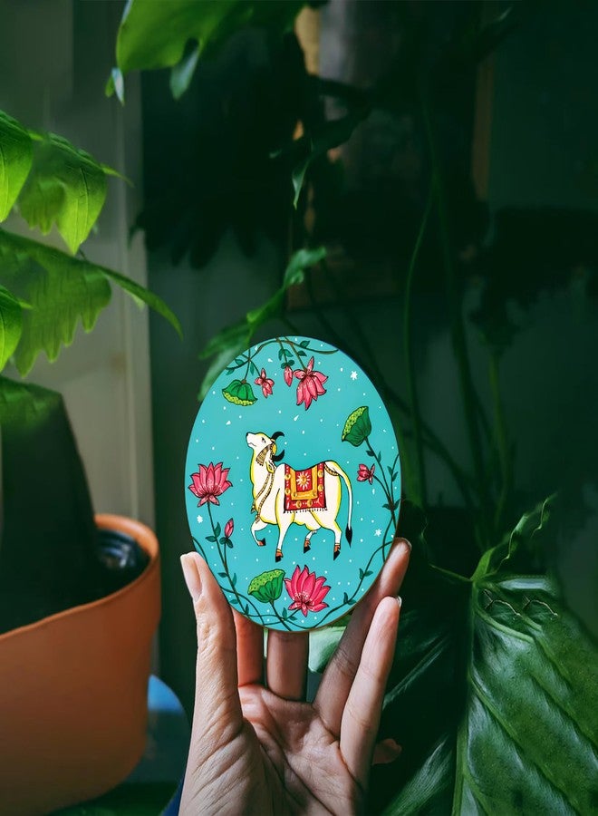 The Crafthives Wooden Tea Coaster Set of 5, Pichwai Art Dining Table Accessories, Vivid Print IUV Direct Print Coaster Set, Indian Art Round Shape Tea Coasters Set of 5 for Festive Gifting - Image 5