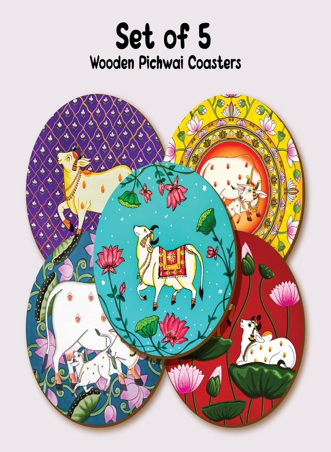 The Crafthives Wooden Tea Coaster Set of 5, Pichwai Art Dining Table Accessories, Vivid Print IUV Direct Print Coaster Set, Indian Art Round Shape Tea Coasters Set of 5 for Festive Gifting - Image 4