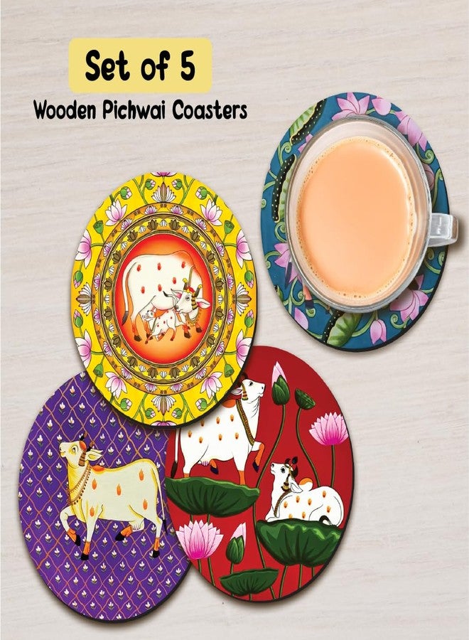The Crafthives Wooden Tea Coaster Set of 5, Pichwai Art Dining Table Accessories, Vivid Print IUV Direct Print Coaster Set, Indian Art Round Shape Tea Coasters Set of 5 for Festive Gifting - Image 3