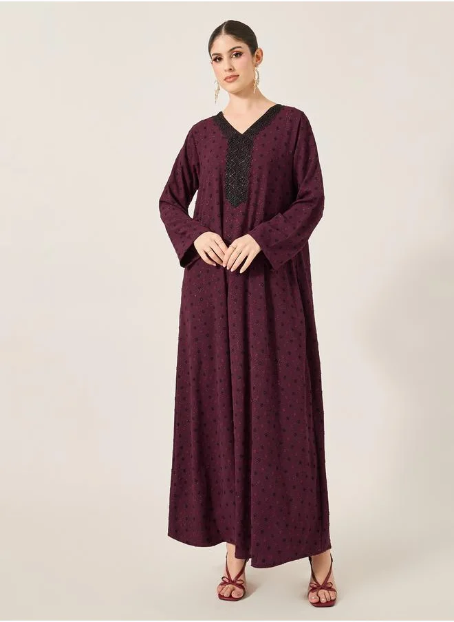 Styli Dobby Lace Detail V-Neck Belted A-Line Jalabyia