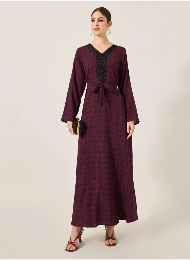 Styli Dobby Lace Detail V-Neck Belted A-Line Jalabyia