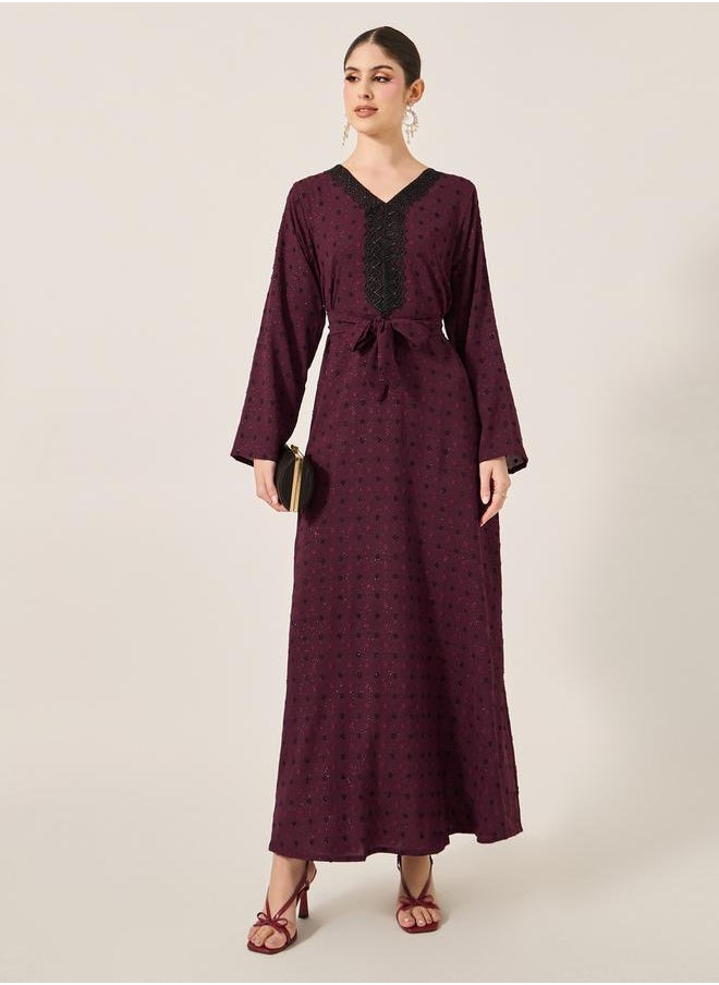 Styli Dobby Lace Detail V-Neck Belted A-Line Jalabyia  - Image 1