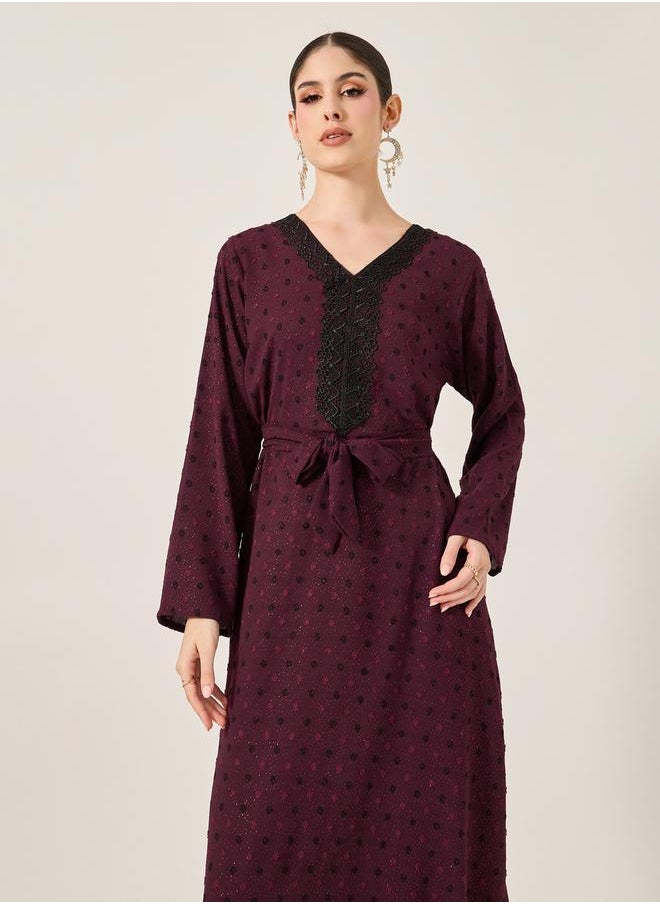 Styli Dobby Lace Detail V-Neck Belted A-Line Jalabyia  - Image 3