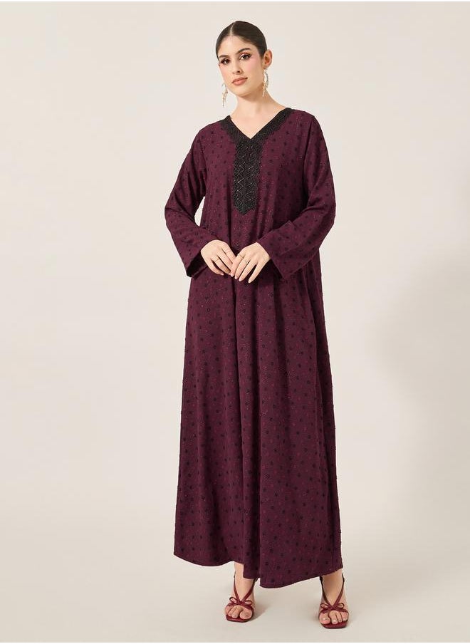 Styli Dobby Lace Detail V-Neck Belted A-Line Jalabyia  - Image 2
