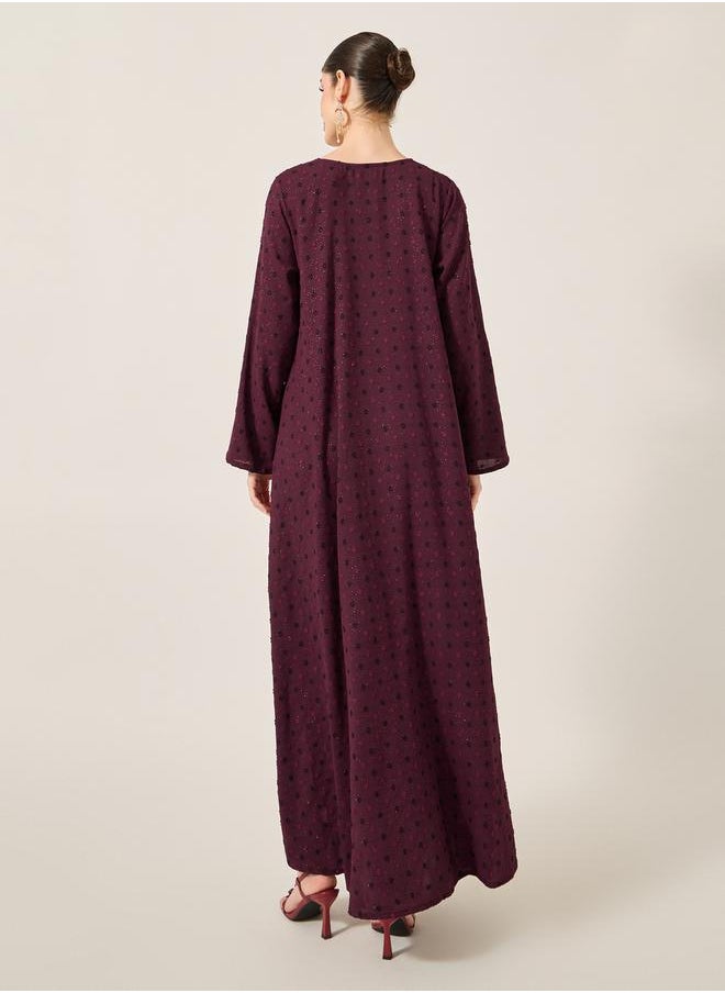 Styli Dobby Lace Detail V-Neck Belted A-Line Jalabyia  - Image 5