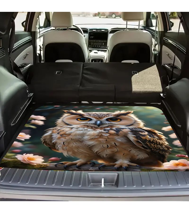 1pc Owl Print Polyester Car Trunk Mat Soft Machine Washable Suv Truck Cargo Liner Easy Clean Interior Protector With Stylish Owl Design For Secure Storage And Scratch Prevention Vehicle Maintenance Durable Accessory - Image 1
