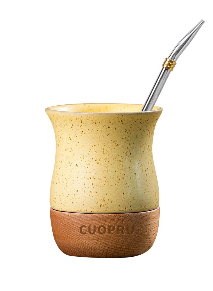 كوبرو كوب سيراميك على قاعدة خشبية مع فرشاة قش، كوب شاي ماتي، كوب قهوة - Image 1