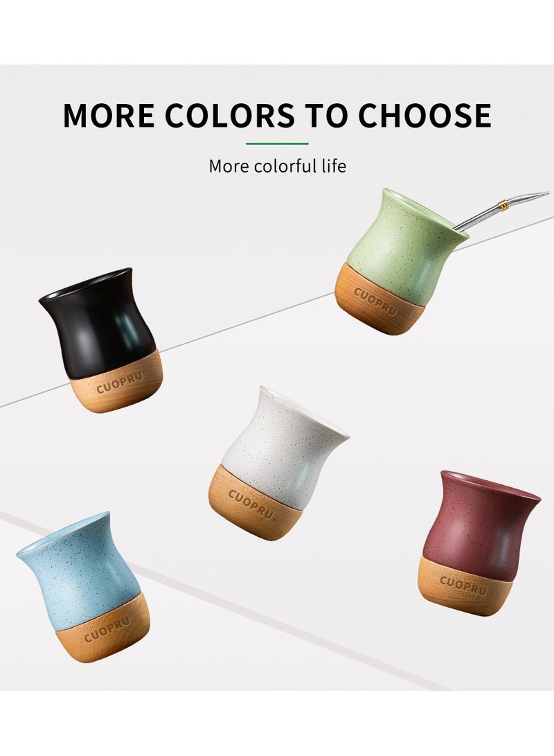 كوبرو كوب سيراميك على قاعدة خشبية مع فرشاة قش، كوب شاي ماتي، كوب قهوة - Image 3