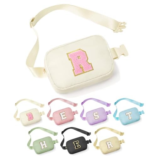 YOOLIFE Initial Belt Bag for Women - Crossbody Bags for Women Fanny Pack Cross body Bag for Women White Letter Everywhere Belt Bag Monogrammed Crossbody Bag R, Small, Beige - Image 1