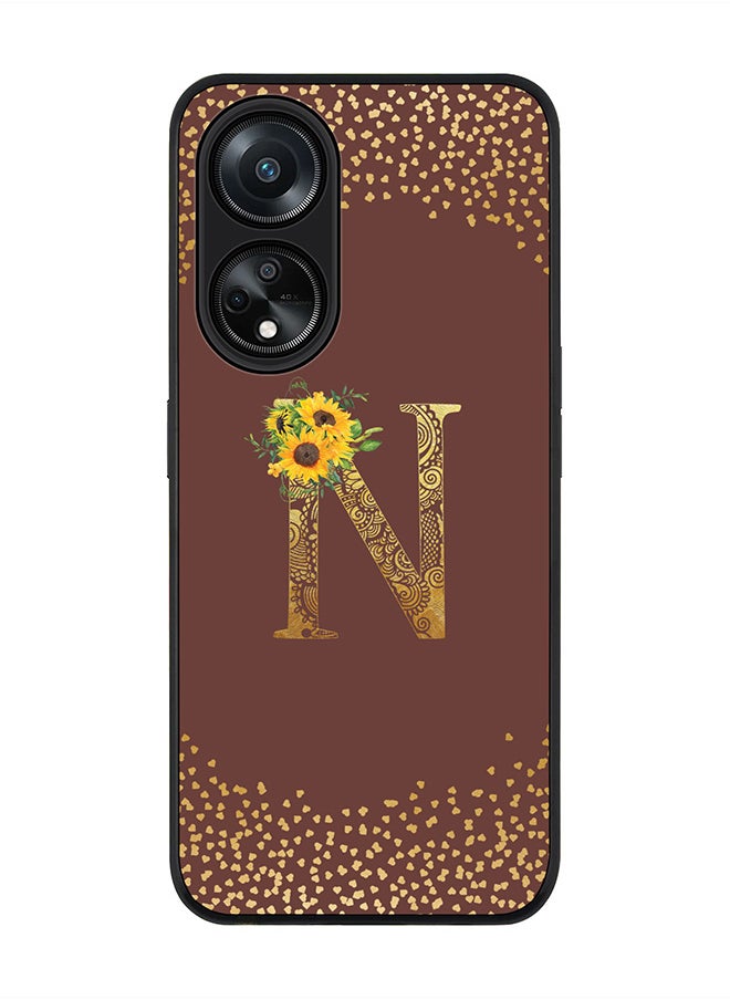 Stylizedd Rugged Black edge case for Oppo A98 5G, Slim fit Thin Cover- Custom Monogram Initial Letter Floral Pattern Alphabet-N  (Brown )  - Image 1