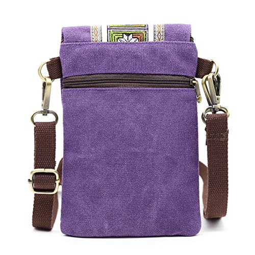 SILKAREA Boho Canvas Cell Phone Purse Small Crossbody Bag for Women Embroidery Mini Shoulder Handbags Wallet Pouch Bag (Purple) - Image 2