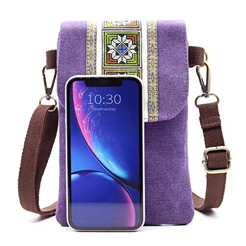 SILKAREA Boho Canvas Cell Phone Purse Small Crossbody Bag for Women Embroidery Mini Shoulder Handbags Wallet Pouch Bag (Purple) - Image 3