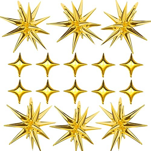 SONICEBUY Gold Star Foil Balloons Kit 6 Pack 12 Point Starburst Cone and Spike Balloons With 10Pcs Four Pointed Stars for Wedding Baby Shower Photo Booth Birthday Party Supplies - Image 1
