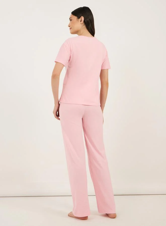 Styli Printed Pocket Detail T-Shirt & Pyjama Set