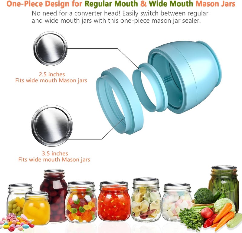 VUEBEE Electric Mason Jar Vacuum Sealer for Regular Mouth and Wide Mouth Canning Jars, Automatic Sealing Machine Kit for Food Storage and Fermentation - Blue - Image 2