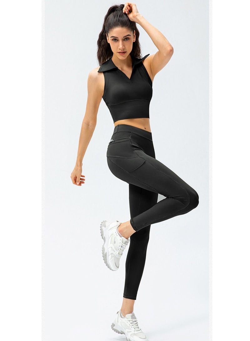 Loquat High rise and turndown collar vest fitness running tights yoga sport two suits.  - Image 1