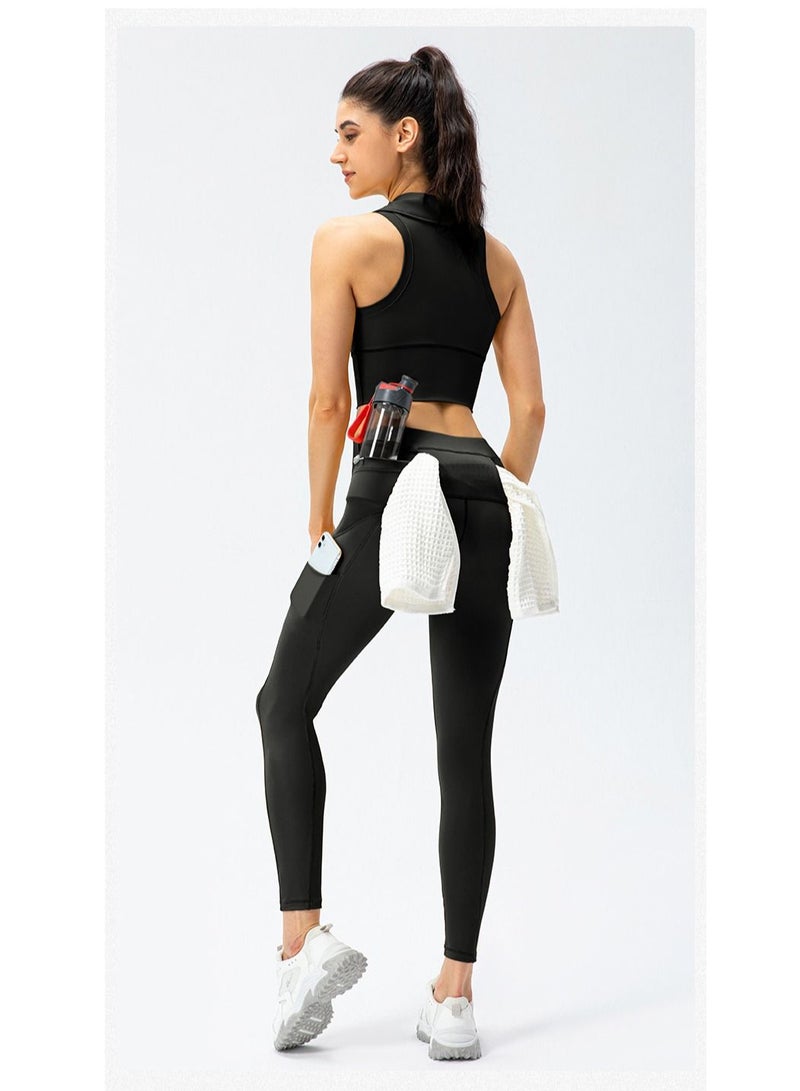 Loquat High rise and turndown collar vest fitness running tights yoga sport two suits.  - Image 2