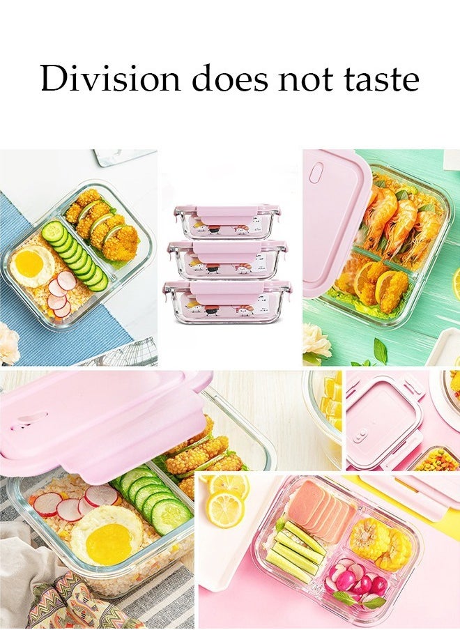 DUNISO - 3 Pieces Glass Kitchen Meal Preparation Container, Glass Meal Boxes, Glass Bowls 410ml, 680ml, 1040ml, Refrigerator Frozen Food Sealed Preservation Box, Microwave Heating Glass Meal Box, Pink Color - Image 1