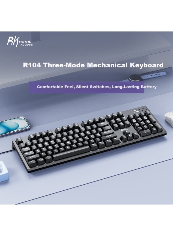 Rk R104 Three-mode Mechanical Keyboard Full-key Anti-ghosting Efficient Office Gasket Structure Wired Wireless Gaming Laptop Black Non-backlit Light Feather Switch - Image 1